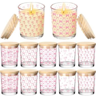 Imagem de Ziliny 10 potes de vela de vidro de Natal com laço rosa, recipientes vazios, frascos de vidro de 200 ml com tampas de cortiça, latas para fazer velas de Natal, guardar biscoitos, lembrancinhas de chá