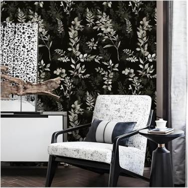 Imagem de Floralplus Papel de parede removível folha escura papel de parede preto amigável ao locatário papéis de parede para banheiro Boho texturizado papel de contato autoadesivo para armário de cozinha 44,5
