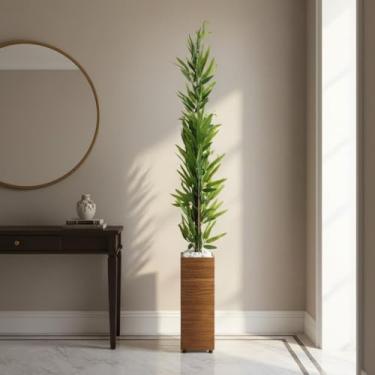 Imagem de Planta Artificial Bambu Mosso da Sorte 1,40m com Vaso Decorativo e Pedras Brancas para Sala e Escritório(Vaso Madeira)