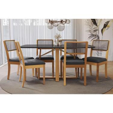 Imagem de Sala Jantar Mesa Elma Premium Madeira Maciça c/ Tampo Madeirado c/ Vidro 170x90cm e 6 Cadeiras Lola Carvalho/Preto - Boucle Chumbo - Kappesberg