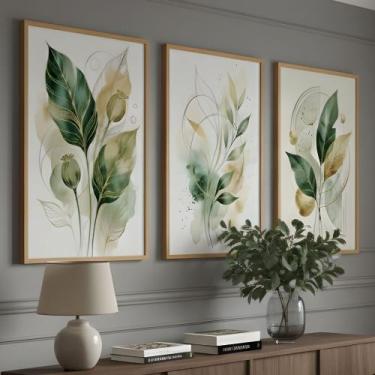 Imagem de Kit 3 Quadros Folhagem Verde Dourado Aquarela com Moldura - Zarco Inte