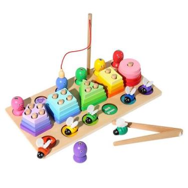 Imagem de Toy Montessori 3 em 1 para pesca de madeira, captura e empilhamento de