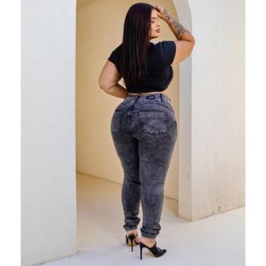 Imagem de Calça Skinny Plus size feminina jeans Cintura alta chumbo marmorizada 