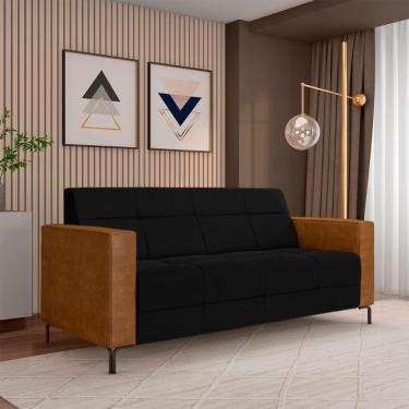 Imagem de Sofá Living Decorativo Houston 2 Lugares 200cm Pés em Metal Veludo/ PU Preto/ Caramelo G33 - Gran Belo