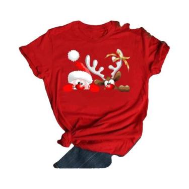 Imagem de Camiseta Feminina De Natal Com Estampa De Rena E Papai Noel, Gola O, E