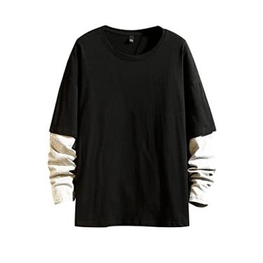 Imagem de GURUNVANI Camiseta de manga longa cor contrastante pulôver masculino patchwork 100% algodão, Cs7001black1, Large