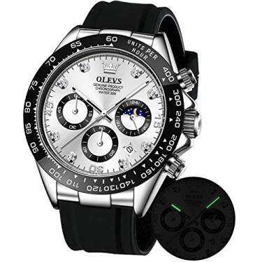 Imagem de OLEVS Relógio masculino cronógrafo multifunções esportivo de silicone luxuoso diamante fase da lua quartzo relógio de pulso à prova d'água.., Prateado, branco, Cronógrafo