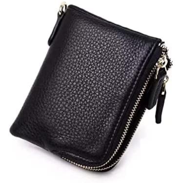 Imagem de Carteira feminina pequena de couro genuíno com zíper bolsa de moeda curta de luxo bolso duplo, preto, 12x2x9cm, atualizado1