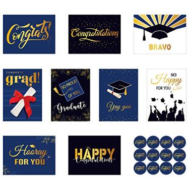 Imagem de 18 cartões de formatura sortidos de cartões de formatura com 18 peças de envelopes brancos e 24 peças de adesivos redondos de parabéns para amigos, colegas de classe, estudantes, 9 designs