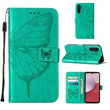 Imagem de Capas de telefone borboleta em relevo para Samsung Galaxy A14 A 14 5G Capa de couro com slots para cartão impressos clipe de carteira para telefone de negócios Samsung A14 5G capas (verde, Samsung A14 5G)