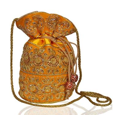 Imagem de Purpledip Bolsa Potli (bolsa de embreagem, bolsa de cordão) para mulheres com fio dourado intrincado e bordado de lantejoulas, Amarelo, One Size