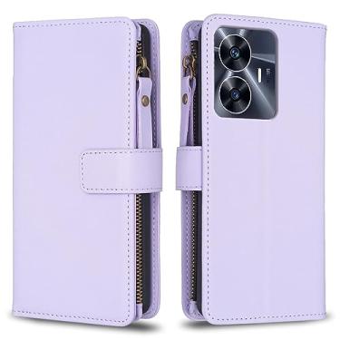 Imagem de Generic Capa para alça de pulso Realme C55, 9 compartimentos para cartão, 1 carteira de couro com zíper, suporte flip fecho magnético bolsa de mão compatível com Realme C55 4G 6,7 polegadas (roxo)