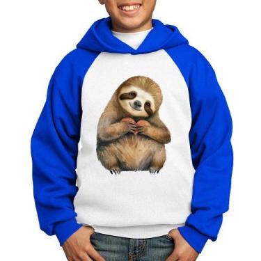 Imagem de Moletom Infantil Bicho Preguiça Coração - Foca na Moda, Branco, Azul, 
