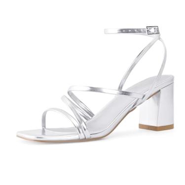 Imagem de LACUONE Sandálias femininas de salto alto com tiras e salto quadrado bico quadrado com fivela no tornozelo, Prata brilhante, 41