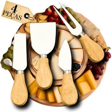 Imagem de Jogo para Queijo 4 Peças Aço Inox Cabo Madeira, Kit de Utensílios para Espetar, Cortar, Fatiar Servir, Conjunto Gourmet Versátil, Útil Na Cozinha, Premium, Excelente em Grupos Degustação Vinho PREIS