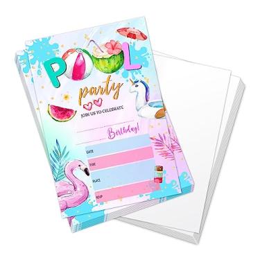 Imagem de Convites de aniversário de natação para crianças, convites de festa na piscina Splish Splash para meninos e meninas, lembrancinha de festa de aniversário, convites de aniversário (20 cartões +
