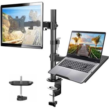 Imagem de Suporte para monitor de laptop com bandeja de teclado, suporte de mesa ajustável para laptop com base de montagem de grampo e argolas para telas de computador LCD de 13 a 27 polegadas de até 22 libras, notebook de até 15,6 polegadas, preto