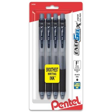 Imagem de Pentel Caneta de gel líquido retrátil EnerGel-X, 0,5 mm, ponta fina, ponta de agulha, tinta preta, pacote com 4 (BLN105BP4A)