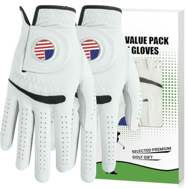 Imagem de Luvas de golfe masculinas Cabretta de couro com marcador de bola, pacote com 2, aderência antiderrapante para todos os climas para golfista canhoto destro, luva de golfe masculina premium respirável