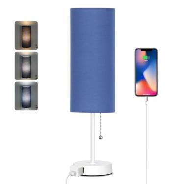 Imagem de Dott Arts Luminária De Mesa 18" Para Quarto, Abajur Cabeceira Em 3 Cores Com Corrente Puxar, Cabeceira, Tomada Ca Sala Estar Pequena, Lâmpada Inclusa, Azul