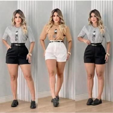 Imagem de Short Alfaiataria Feminino Com Cinto Cintura Alta Cinto Fino Cintinho 