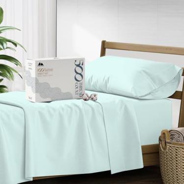 Imagem de Jogo de cama de solteiro Mayfair Linen, algodão 500 fios, acetinado, macio, refrescante, qualidade de hotel, encaixe fundo de 40,6 cm, para colchão de 45 cm, evita calor, 3 peças, azul-bebê (Sea Foam)