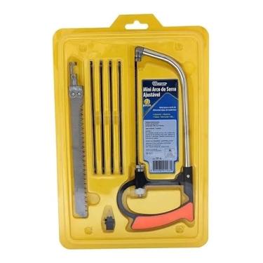 Imagem de Mini Arco de Serra Ajustável Manual, 150mm, Kit com 6 Lâminas, Multiuso, Cabo Ergonômico Laranja e Preto, para Corte de Diversos Materiais