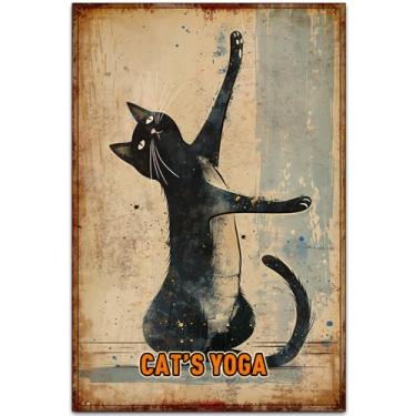 Imagem de Robert Art Arte de parede de metal retrô Zen preto gato preto pose de ioga - placa de lata de animal fofo para decoração de casa, escritório e estúdio de ioga
