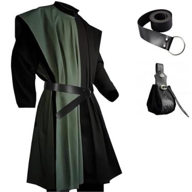 Imagem de Men Medieval Tunic Robe Knight Fancy Costume Renaissance Pirate Cosplay Belt Waist Bag Kimono Cape Outfit (Black, 2XL)