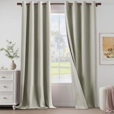 Imagem de Cortinas texturizadas de linho 100% blackout extra de comprimento 300 cm de comprimento conjunto de 2 painéis para sala de estar, quarto, cortinas blackout completas com ilhós, linho natural, 132 cm L
