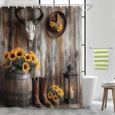 Imagem de Cortina de chuveiro caubói ocidental, cortina de banheiro rústica de porta de celeiro de fazenda com botas do sudoeste e floral amarelo, conjunto de cortinas de chuveiro à prova d'água, decoração de