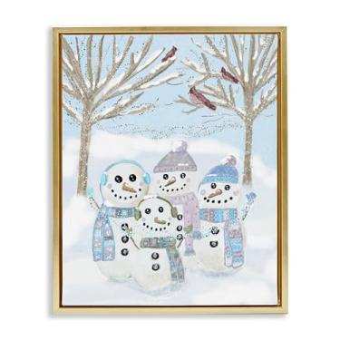 Imagem de Stupell Industries Arte de parede em tela flutuante com moldura dourada Happy Snowman Family, design de Kristal Clifford, 53 x 43 cm