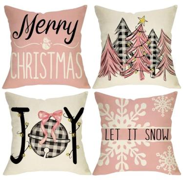 Imagem de Fjfz Merry Christmas Capas de almofada decorativas rosa 46 x 45 conjunto de 4, árvore de Natal, floco de neve, alegria, sino, búfalo, xadrez, alpendre, decoração de casa ao ar livre, decoração de casa