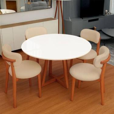 Imagem de Mesa de Jantar 1,35m Redonda com 4 Cadeiras e Base em Madeira Natural 