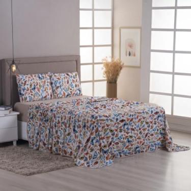 Imagem de Jogo de Cama 4 Peças 100% Algodão Lençol com Elástico e Lençol de Cima + Fronhas com Zíper – Anti Pilling – Acabamento em Viés - Solteiro, Casal, Queen e King. (Branco Borboleta, Solteiro)
