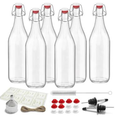 Imagem de Pacote com 6 [1 litro / 975 ml] Garrafas de vidro com tampa giratória hermética para kombucha, cerveja, vinho, kefir, refrigerante, licor - Inclui funil, 2 dosadores, 6 selos, 8 etiquetas e barbante