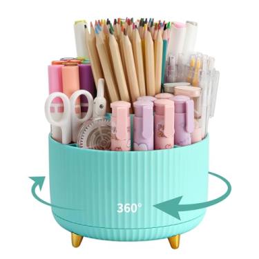 Imagem de Camelmother Suporte de caneta para mesa com 5 compartimentos, suporte giratório de 360° para maquiagem, material de professor, decoração de escritório (azul)