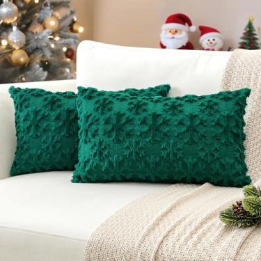 Imagem de OTOSTAR Capas de almofada de neve de Natal 30,5 x 50,8 cm Conjunto de 2 fronhas macias de lã de pele sintética para decoração de sofá de inverno para decoração de sofá de cama de casa (verde)