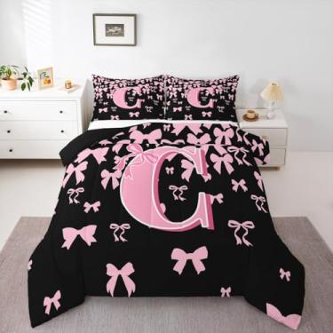 Imagem de jejeloiu Conjunto de edredom com laço fofo, tamanho Queen, letra C, para crianças, meninos, meninas, preto, rosa, coquete, laço, edredom com monograma, decoração de quarto, 3 peças com 2 fronhas