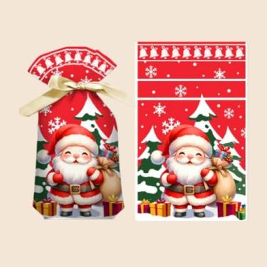 Imagem de 50 peças de sacos de presente de fita de Natal com cordão, padrões sortidos de Papai Noel, sacos de embalagem de biscoitos doces para presente de Natal e lembrancinhas de festa