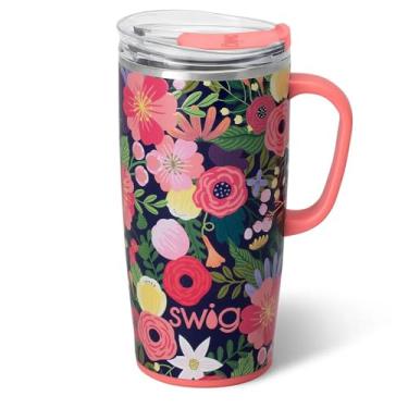 Imagem de Swig Life Caneca de viagem de 623 g, copo isolado com alça e tampa, caneca de café de viagem, compatível com porta-copos, copo de aço inoxidável de 623 g, reutilizável isolado com tampa (Secret Garden