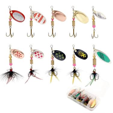 Imagem de Kit de iscas de pesca com 10 peças – iscas giratórias em linha com fiador de latão/cobre, iscas de salmão para truta de água doce, inclui caixa de equipamentos para equipamentos de pesca