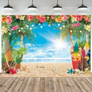 Imagem de Felortte Tecido de poliéster de 2,8 x 1,8 m de verão, praia, cenário havaiano, litoral, flores tropicais, folhas de palmeira, prancha de surfe, fotografia de fundo para decoração de festa Luau Aloha