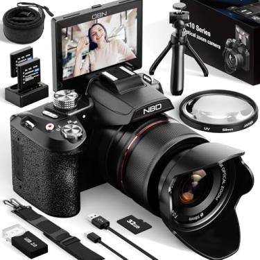 Imagem de NBD Câmeras digitais de 64 MP para fotografia, câmeras de vlogging 5K para YouTube, zoom óptico de 16x, câmeras digitais fotográficas com tela flip de 180°, lente UV de 58 mm, 2 baterias (preto)