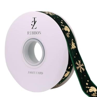 Imagem de JaoZuyard Fita de veludo verde de Natal 2,5 cm x 10 jardas floco de neve boneco de neve glitter ouro verde fita de veludo para presente decoração de árvore de Natal artesanato grinaldas suprimentos