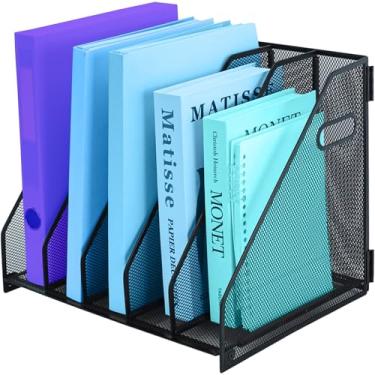 Imagem de TSDRBWO Suporte de arquivo de revista de malha de metal, 5 compartimentos verticais para documentos de mesa com alça, rack de armazenamento de arquivos de escritório para arrumar a mesa, organizador