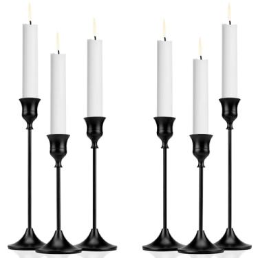 Imagem de 6 peças de castiçais metálicos, castiçais pretos, castiçais vintage para velas de pilar, candelabro decorativo alto para decoração de mesa de jantar de lareira de casamento, presente de inauguração de