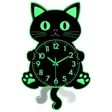 Imagem de JoFomp Relógio de gato de madeira de 50 cm com cauda móvel, relógios de parede que brilham no escuro, operados por bateria, relógios de parede grandes para decoração de sala de estar, relógio de