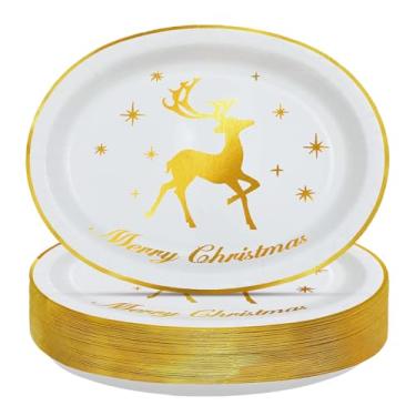 Imagem de 50 peças de pratos ovais de papel de rena de Natal, 25,4 x 30,5 cm, grandes, descartáveis, resistentes, de folha dourada, pratos de festa de Natal, alce, sobremesa, para decoração de suprimentos de