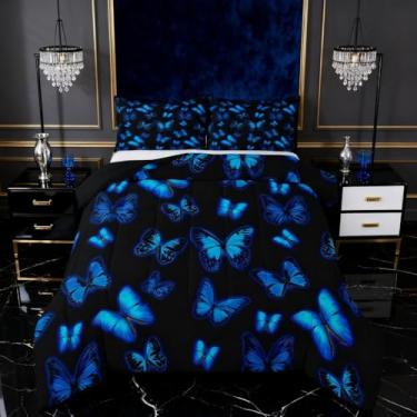 Imagem de Feelyou Conjunto de edredom de borboleta, para todas as estações, floral, borboletas, com 1 fronha, fofa, infantil, natureza, vida selvagem, decoração de quarto, edredom azul escuro, respirável, macio